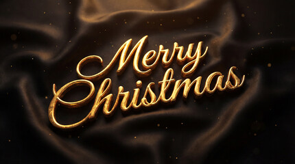 Elegant golden merry christmas text on a luxurious dark fabric background with sparkling particles