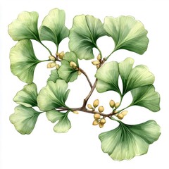 イチョウの葉と実のクローズアップ watercolor illustration