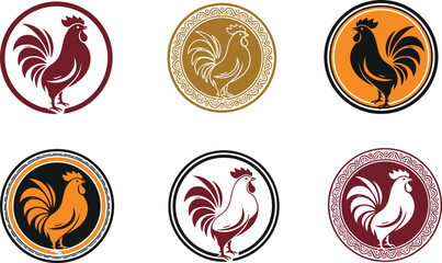 Stylized rooster vector icons in circular frames with bold color contrast, ideal for branding, farm logos, vintage design, and packaging.