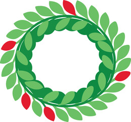 Green leaf wreath with red berries and white background