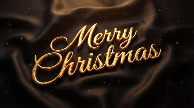 Elegant golden merry christmas text on a luxurious dark fabric background with sparkling particles