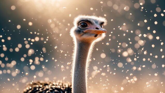 Close-up of an ostrich in a golden-lit environment with soft bokeh effect in the background