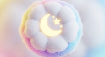Fototapeta premium Dreamy ramadan decoration pastel colored cotton ball cloud with crescent moon and star