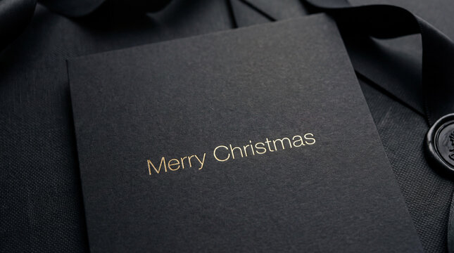 Luxurious black christmas greeting card with gold foil text, resting on a dark fabric surface - Powered by Adobe