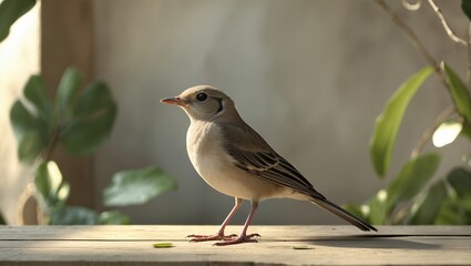 Fototapeta premium A small bird perched gracefully on a wooden surface, showcasing intricate feather patterns and details, surrounded by greenery