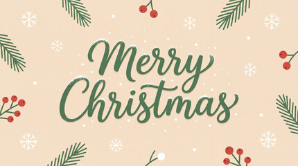 Obraz premium Merry christmas greeting card design with festive pine branches, red berries, and snowflakes on a beige background