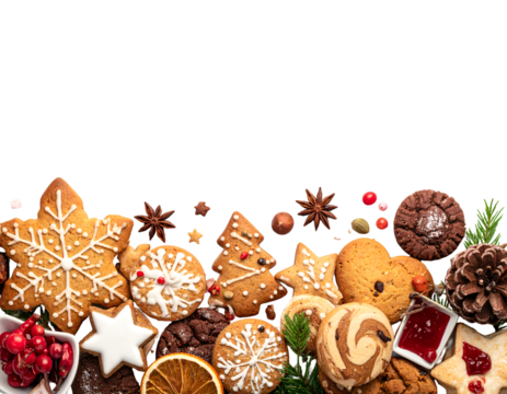 Christmas baking top border with a variety of cookies and sweet treats. Overhead view isolated on transparent png