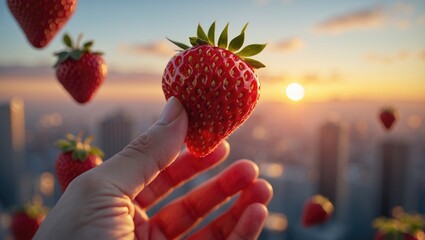 A hand holding a fresh strawberry against a vibrant sunset skyline, creating a dynamic contrast