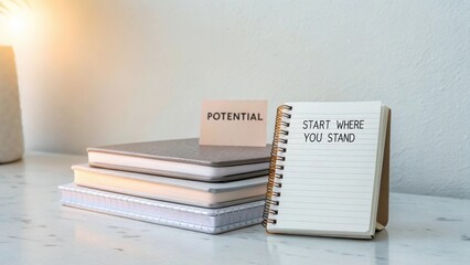 Inspirational workspace with notebooks and a card displaying the word potential to encourage personal growth and self-improvement