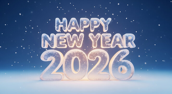 New year 2026 celebration with glowing ice text - Powered by Adobe