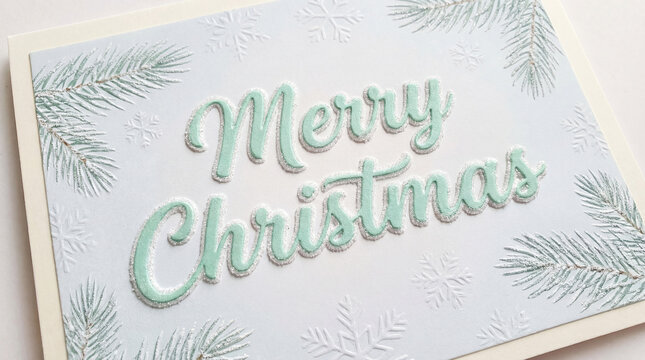 Elegant merry christmas card with embossed text, snowflakes, and frosted pine branches