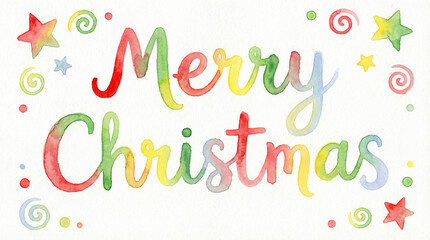 Watercolor handdrawn merry christmas text with colorful stars and swirls, isolated on white background