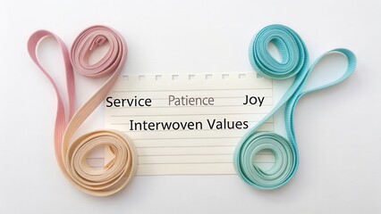Interconnection of Patience, Joy, and Service Represented by Colorful Ribbons on a Blank Notepad Background