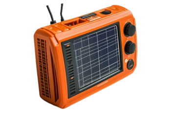 Vibrant orange solar radio provides sustainable power on any adventures on transparent background