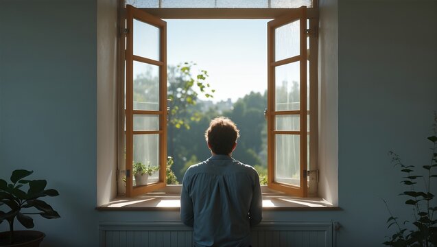 Young man gazing out of an open window into a sunlit, green landscape, creating a serene atmosphere