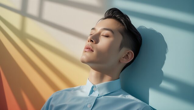 A young man relaxing with eyes closed, warm light casting colorful shadows on the wall
