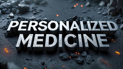 Bold 3D text displaying the phrase 'Personalized Medicine' on a dark, textured surface with glowing embers