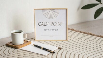 Minimalist Workspace Decor with Calm Point Print, Coffee Cup, and Notepad on Light Wooden Table