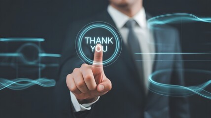 Business professional pressing futuristic thank you button on digital screen to represent gratitude, client appreciation, positive feedback, and modern communication in technology-driven business envi