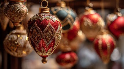 Ornate red and gold christmas ornaments hanging close up