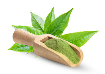 matcha green tea in wood spoon and tea leaves on transparent png ( image from camera )