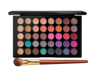 Large eyeshadow palette with 35 colorful shades and makeup brush on black background cosmetic beauty