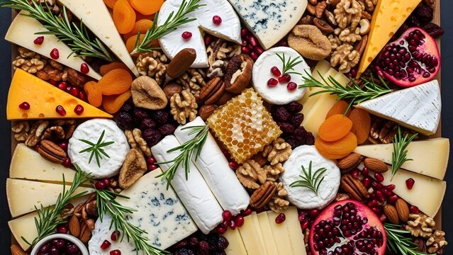 Gourmet cheese platter with assorted cheeses, fruits, nuts, and honeycomb. Top view of a festive charcuterie board with brie, blue cheese, cheddar, pomegranate, and rosemary