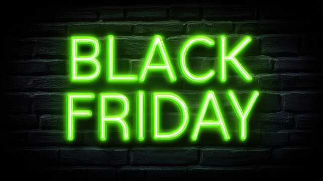 Bright Green Neon Sign Promoting Black Friday Shopping on a Dark Backdrop for Holiday Sales