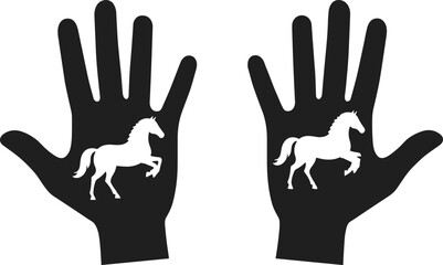 Black silhouette hands with white prancing horse inside palms, mirrored animal pose, symbolic contrast, vector art for creative design