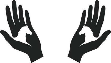 Black Silhouette Hands Holding White Horse Heads Facing Each Other Symbolizing Protection, Care, Connection, Animal Love, and Human Bond