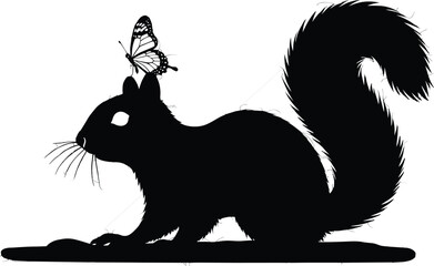 Black silhouette squirrel with butterfly on head, nature harmony wildlife vector, forest animal illustration for stock, peaceful woodland scene
