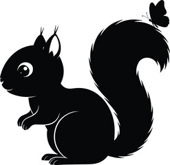 Cute squirrel silhouette with butterfly on tail, playful animal cartoon vector for kids, nature, wildlife, forest, decoration, nursery art