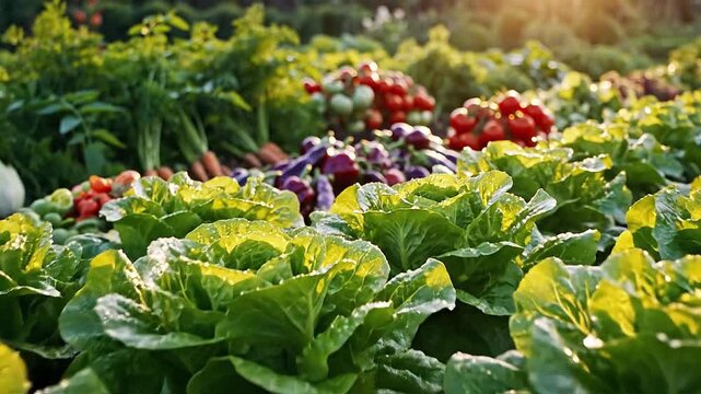 Lush lettuce heads form tight rosettes in cinematic shots of vegetable garden salad