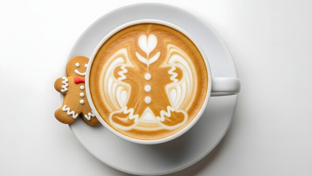 Top view of a cup of coffee with gingerbread man latte art and a gingerbread cookie on a white background, festive Christmas holiday concept