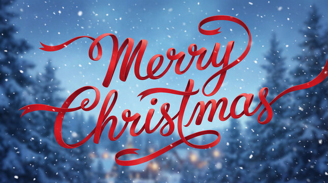 Elegant red ribbon merry christmas lettering in a beautiful snowy forest scene with falling snowflakes