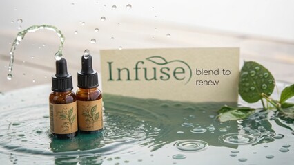 Natural Essential Oils Bottles Surrounded by Water and Greenery for Aromatherapy and Wellness Practices