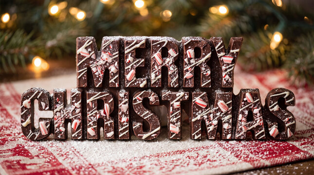 Chocolate merry christmas sign with peppermint pieces and powdered sugar on a festive red cloth