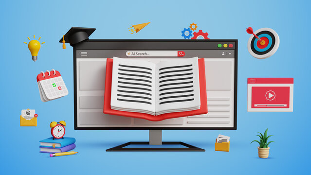 E-Learning or E-Courses Experience, Online Education, Career Growth, Internet Lessons or E-Learn, E-Class, Virtual Teaching and Ease of Knowledge. 3D Computer with Book and Graduation Cap
