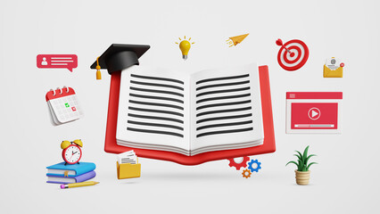 Online Education, E-Courses, Internet Education Webinar, Virtual Classroom, Remote E-Learning, Test, Knowledge Wisdom Concept. Study Online Courses. 3D Book and Graduation Cap