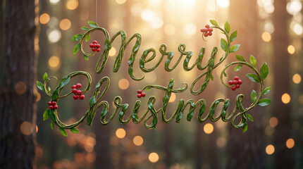 A festive merry christmas sign crafted from green foliage and red berries, glowing in a magical forest