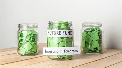 Future Fund Glass Jars with Green Paper Notes Symbolizing Saving and Investing for Financial Growth and Future Goals