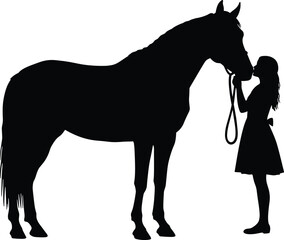 Silhouette of woman with horse in peaceful moment, animal companionship, trust, equestrian bond, black vector art for stock illustration