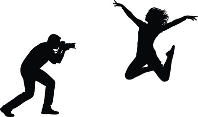 Silhouette photographer capturing dynamic jump pose of athlete in motion, outdoor action moment, expressive movement, black and white vector art