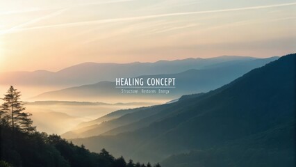 Serene Mountain Landscape with Soft Mist and Healing Concept in Tranquil Sunrise Atmosphere