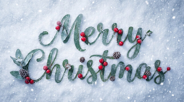 Elegant merry christmas message made of frosted foliage and berries, resting on a bed of fresh winter snow