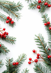Christmas Pine Branches with Red Berries on White Background with Copy Space
