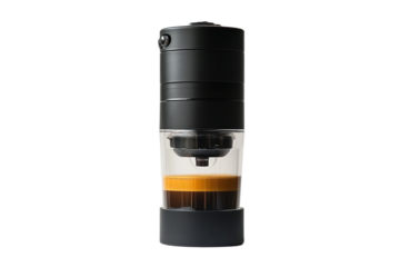 Elegant black portable espresso maker filled with rich coffee on transparent background