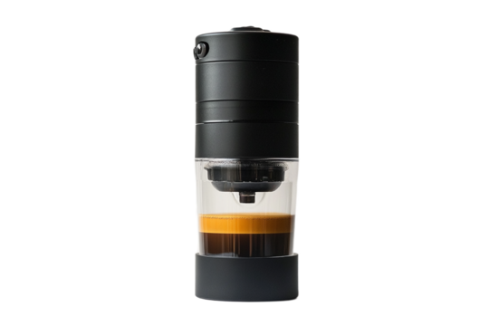 Elegant black portable espresso maker filled with rich coffee on transparent background
