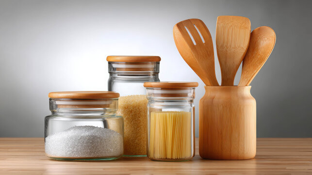 Inviting Kitchen Scene Featuring Bamboo Utensils and Glass Jars Perfect for Organizing Ingredients and Enhancing Home Aesthetics - Powered by Adobe