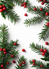 Christmas Pine Branches with Red Berries on White Background with Copy Space